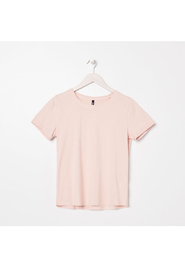 Sinsay - Koszulka z haftem - Różowy. Kolor: różowy. Wzór: haft