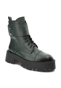 Zielone Botki Lemar Skórzane Ocieplane Buty Damskie. Zapięcie: pasek. Kolor: zielony. Materiał: skóra. Styl: elegancki