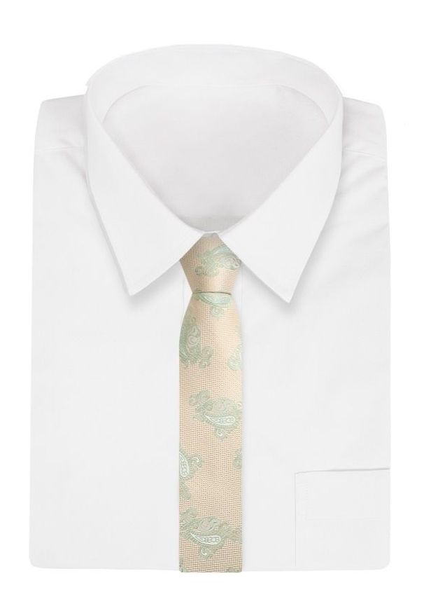 Beżowo-Zielony Szeroki Krawat -Angelo di Monti- 7,5 cm, Męski, Wzór Paisley, Łezki. Kolor: beżowy, brązowy, wielokolorowy. Wzór: paisley. Styl: wizytowy, elegancki
