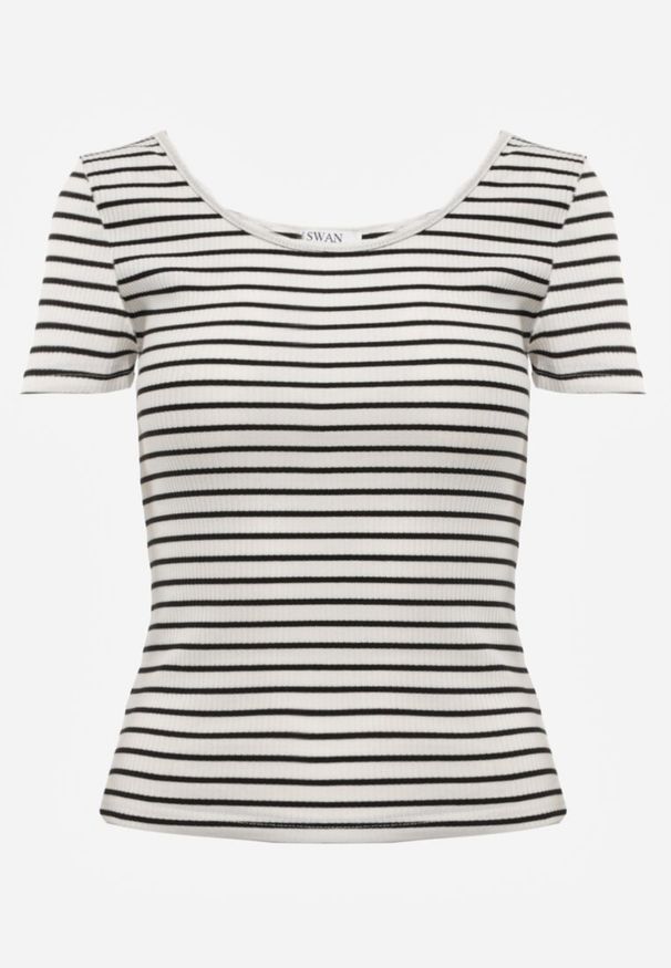 Renee - Biało-Granatowy Bawełniany T-shirt Koszulka w Paski z Krótkim Rękawem Fralea. Okazja: na co dzień. Kolor: biały. Materiał: bawełna. Długość rękawa: krótki rękaw. Długość: krótkie. Wzór: paski. Styl: casual, elegancki