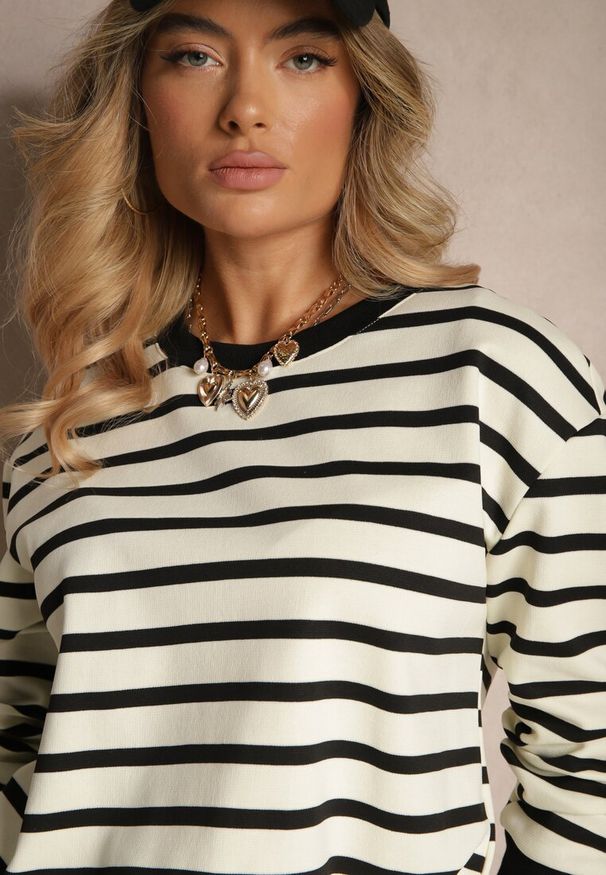 Renee - Czarna Bluza z Bawełny z Motywem Pasków i Ściągaczem Fenarel. Okazja: na co dzień. Kolor: czarny. Materiał: bawełna. Długość rękawa: długi rękaw. Długość: długie. Styl: klasyczny, casual, elegancki