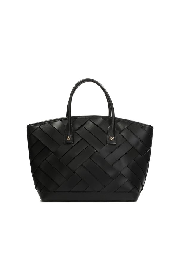 Kazar - Czarna torebka z przeplatanej skóry. Kolor: czarny. Wzór: paski. Materiał: skórzane. Styl: casual