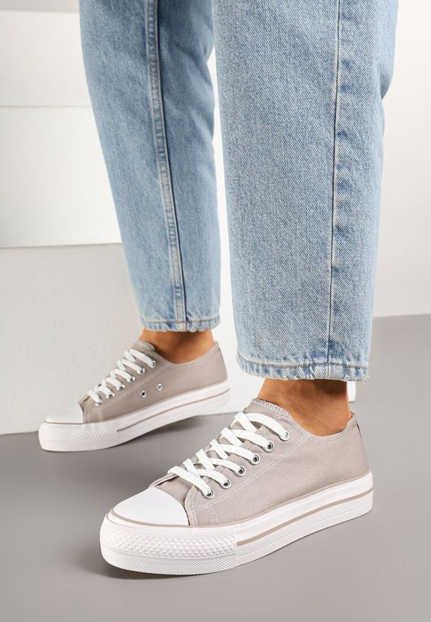 Born2be - Szare Trampki Klasyczne przed Kostkę na Grubej Podeszwie Senathiela. Okazja: na co dzień. Wysokość cholewki: przed kostkę. Kolor: szary. Materiał: jeans. Styl: klasyczny
