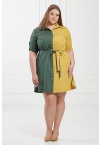 Moda Size Plus Iwanek - Wyjątkowa dwukolorowa sukienka Cindy oliwkowo-żółta rękaw 3/4PLUS SIZE. Okazja: na spacer, na co dzień. Kolekcja: plus size. Kolor: oliwkowy, wielokolorowy, żółty. Materiał: tkanina, poliester, elastan. Typ sukienki: dla puszystych. Styl: casual, elegancki #1