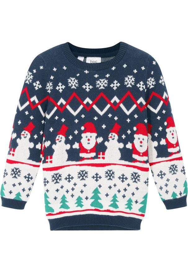 bonprix - Sweter dziecięcy bożonarodzeniowy z bawełny. Kolor: niebieski. Materiał: dzianina, bawełna, materiał. Sezon: zima