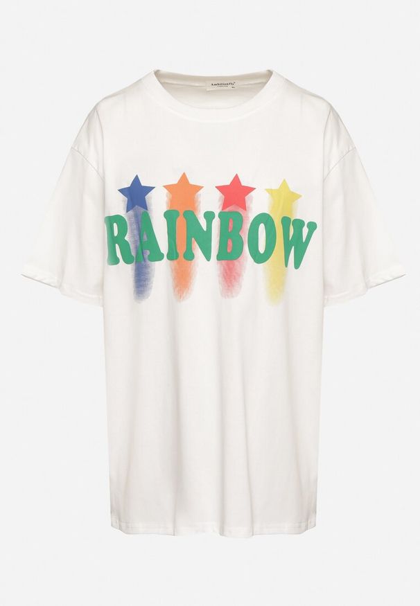 Born2be - Biały T-shirt Oversize z Kolorowym Napisem i Gwiazdkami Iloviela. Okazja: na co dzień. Kolor: biały. Materiał: jeans. Wzór: napisy, kolorowy. Styl: sportowy, klasyczny, elegancki, casual