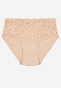 Renee - Beżowe Majtki Figi z Bawełny Zdobione Koronką Idivia. Kolekcja: plus size. Kolor: beżowy. Materiał: koronka, bawełna. Wzór: koronka, aplikacja