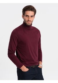 Ombre Clothing - Longsleeve męski z golfem - bordowy V6 - Rozmiar: XL. Typ kołnierza: golf. Kolor: czerwony. Materiał: elastan, bawełna. Długość rękawa: długi rękaw