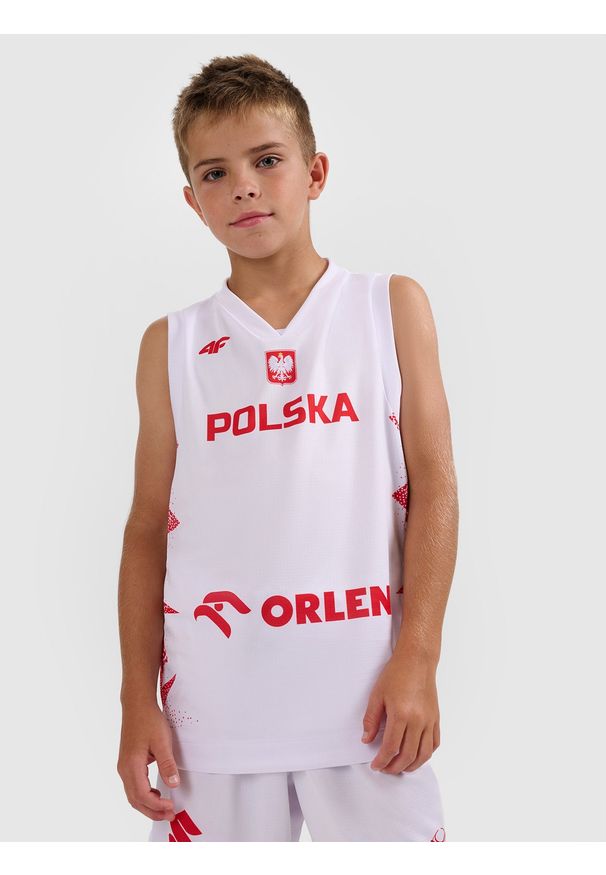 4f - 4F Koszulka reprezentacyjna z możliwością personalizacji dziecięca 4F x PZKOSZ - biała 110/116. Typ kołnierza: dekolt w serek. Kolor: biały. Materiał: syntetyk, włókno, materiał. Wzór: nadruk, napisy. Sezon: lato. Styl: klasyczny, sportowy