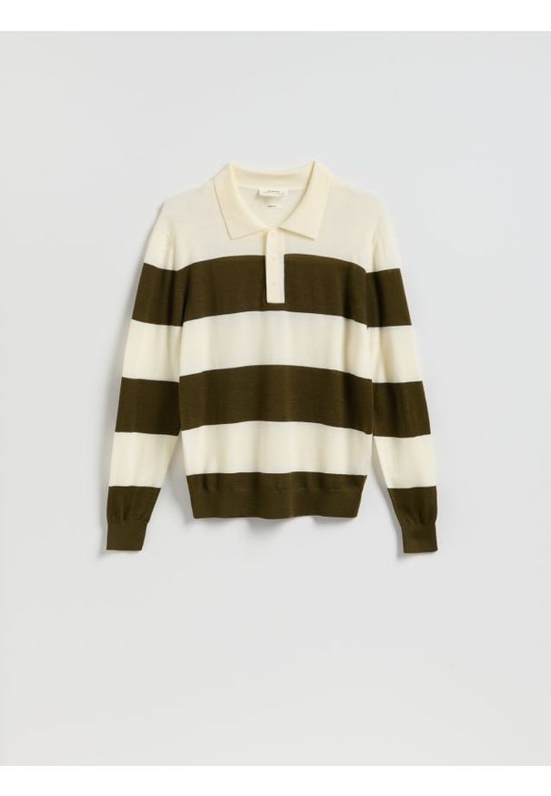 Reserved - Sweter polo z wełny merino - zielony. Typ kołnierza: polo. Kolor: zielony. Materiał: wełna