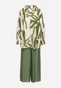 Born2be - Zielono-Beżowy Wiskozowy Komplet Koszula z Dłuższym Tyłem Spodnie z Gumką w Talii Kolefia. Kolor: zielony. Materiał: wiskoza #5