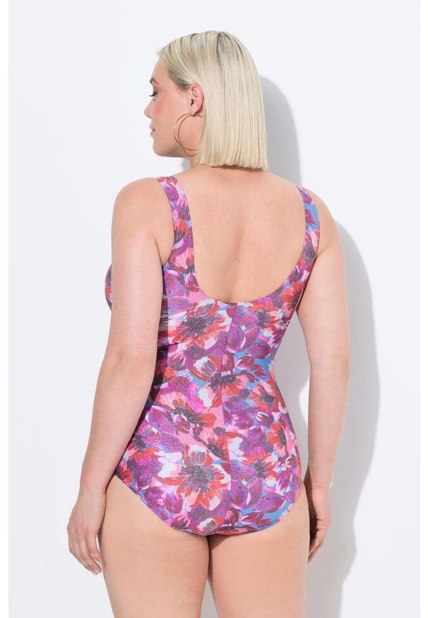 ULLA POPKEN - Damski Strój kąpielowy błyszczące kwiaty miękkie miseczki z recyklingu. Kolekcja: plus size. Kolor: różowy. Wzór: kwiaty