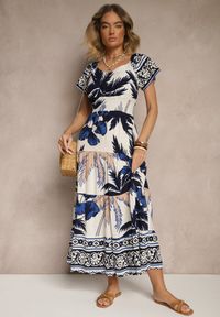 Renee - Granatowa Sukienka Rozkloszowana z Wiskozy w Boho Wzór Elliseira. Okazja: na co dzień, na imprezę. Kolor: niebieski. Materiał: wiskoza. Długość rękawa: krótki rękaw. Sezon: lato. Typ sukienki: proste. Styl: boho