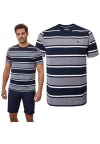 Bawełniana Koszulka Polo w Paski - Pako Jeans - Granat. Okazja: na co dzień. Typ kołnierza: polo. Kolor: niebieski. Materiał: bawełna. Wzór: prążki, paski. Styl: casual #2