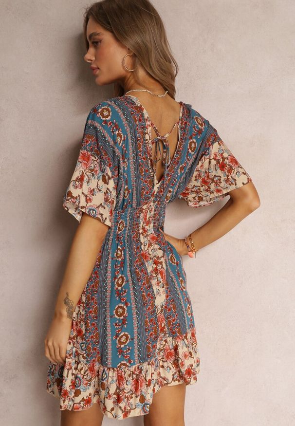 Renee - Beżowo-Granatowa Sukienka Dylina. Kolor: beżowy. Materiał: wiskoza, tkanina. Długość: mini