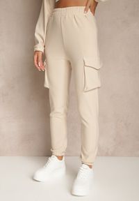 Renee - Beżowy Komplet Dresowy Cargo Bluza ze Stójką i Spodnie Jogger Litene. Kolor: beżowy. Materiał: dresówka. Sport: turystyka piesza #5
