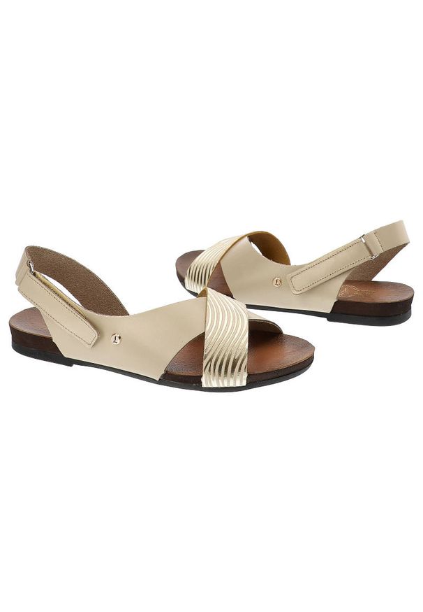 Beżowe Sandały Lemar Modne Buty Na Lato. Zapięcie: rzepy. Kolor: beżowy. Materiał: skóra. Wzór: aplikacja. Sezon: lato. Obcas: na obcasie. Styl: elegancki. Wysokość obcasa: niski