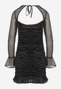 Born2be - Czarna Siateczkowa Sukienka Marszczona Sukienka z Falbankami Brokatem i Wiązaniem Salanira. Okazja: na co dzień. Typ kołnierza: kołnierz z falbankami. Kolor: czarny. Materiał: materiał. Długość rękawa: długi rękaw. Wzór: aplikacja. Typ sukienki: proste. Styl: casual, elegancki #5