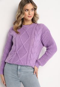 Born2be - Fioletowy Jednolity Sweter ze Ściągaczami i Klasycznym Splotem Loma. Kolor: fioletowy. Długość rękawa: długi rękaw. Długość: długie. Wzór: ze splotem, jednolity. Styl: klasyczny #1