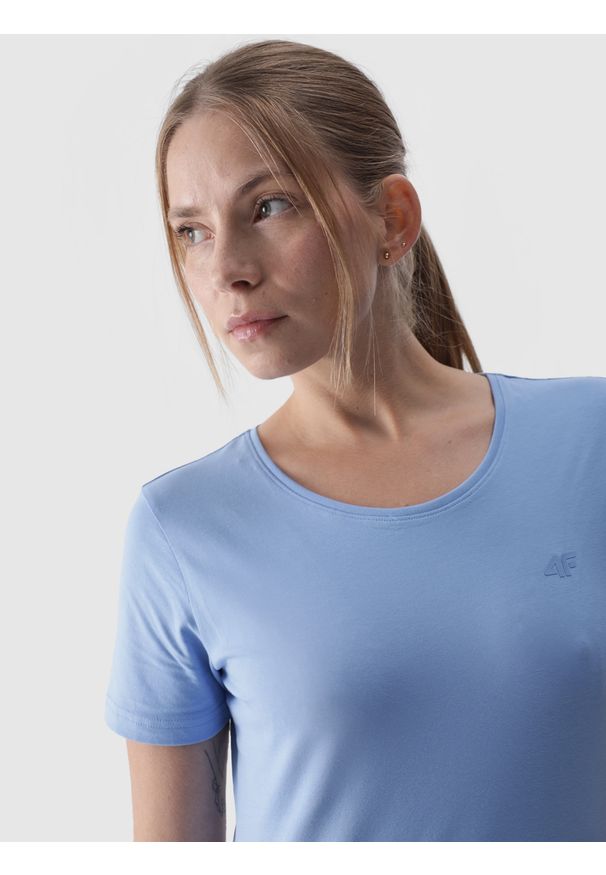 4f - 4F T-shirt slim gładki damski - niebieski XS. Okazja: na co dzień. Kolor: niebieski. Materiał: jersey, materiał, dzianina, bawełna, elastan. Długość rękawa: krótki rękaw. Długość: krótkie. Wzór: gładki. Styl: sportowy, casual