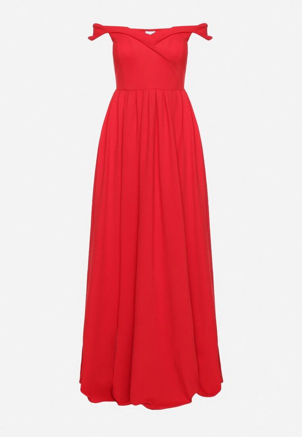 Born2be - Czerwona Koktajlowa Rozkloszowana Sukienka z Hiszpańskim Dekoltem i Rozcięciem na Nogę Gralia. Okazja: na wesele, na studniówkę, na ślub cywilny. Kolor: czerwony. Typ sukienki: rozkloszowane. Styl: wizytowy