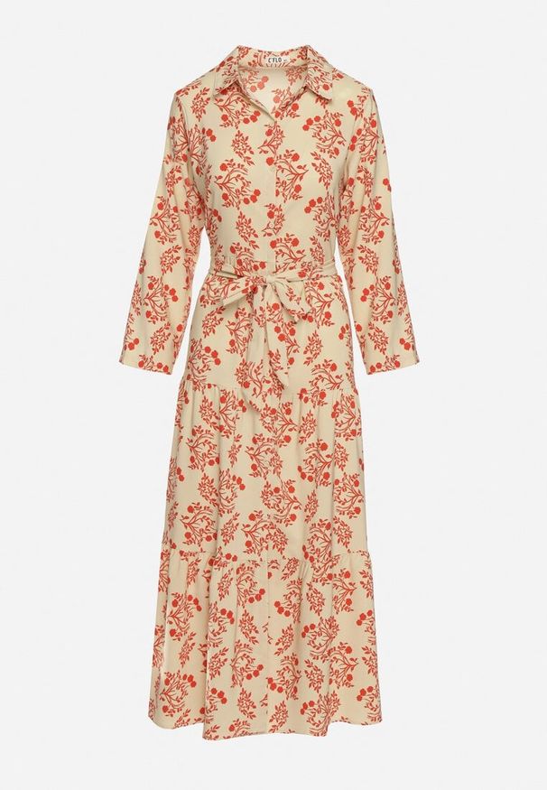 Born2be - Jasnobeżowa Koszulowa Sukienka z Podwijanymi Rękawami Zapinana na Guziki z Paskiem w Pasie Illnara. Okazja: na co dzień. Kolor: beżowy. Długość rękawa: długi rękaw. Typ sukienki: koszulowe. Styl: elegancki, klasyczny, casual