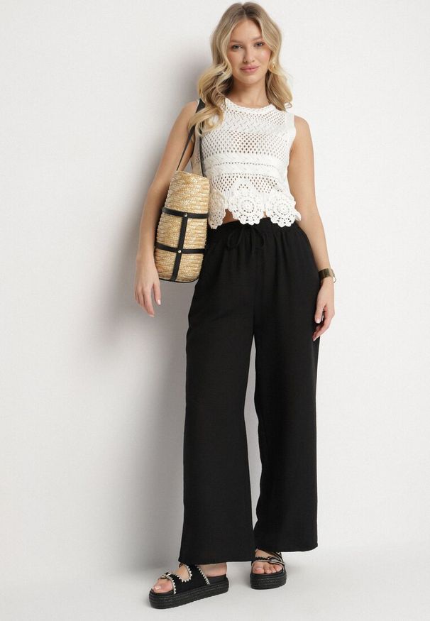 Born2be - Czarne Spodnie o Szerokim Kroju Palazzo z Wysokim Stanem i Wiązaniem Araloria. Okazja: na co dzień. Stan: podwyższony. Kolor: czarny. Styl: casual, elegancki