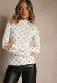 Renee - Biała Bluzka Longsleeve Półgolf z Bawełny Ozdobiona Geometrycznym Nadrukiem Zantila. Okazja: na co dzień. Kolor: biały. Materiał: bawełna. Długość rękawa: długi rękaw. Wzór: aplikacja, nadruk, geometria. Styl: casual, elegancki