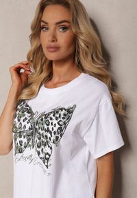 Renee - Biały T-shirt z Bawełny Wykończony z Przodu Nadrukiem Risalynn. Kolor: biały. Materiał: bawełna. Wzór: nadruk. Sezon: lato #4