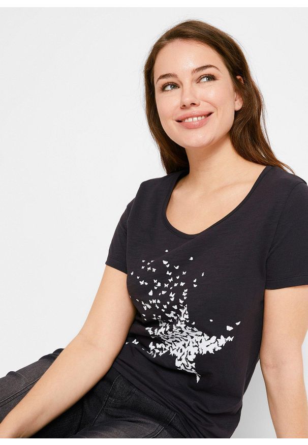 bonprix - Shirt z przędzy mieszankowej, krótki rękaw. Kolor: czarny. Długość rękawa: krótki rękaw. Długość: krótkie. Wzór: nadruk