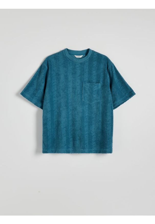 Reserved - T-shirt boxy z kieszonką - turkusowy. Kolor: turkusowy. Materiał: bawełna, dzianina
