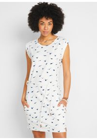 bonprix - Sukienka shirtowa z rękawami motylkowymi i nadrukiem. Kolor: biały. Materiał: jersey. Wzór: nadruk