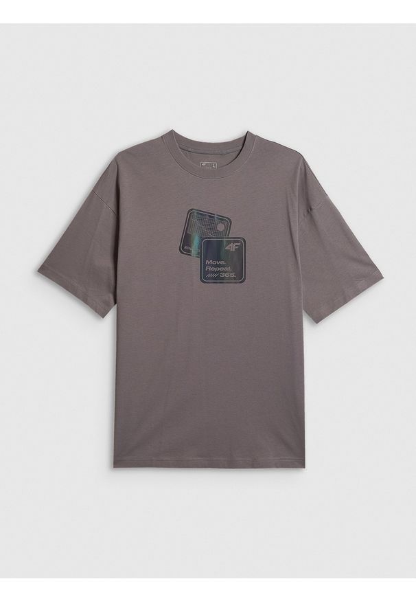 4f - 4F T-shirt loose z nadrukiem męski - szary L. Okazja: na co dzień. Kolor: szary. Materiał: dzianina, bawełna, materiał. Wzór: nadruk. Styl: casual