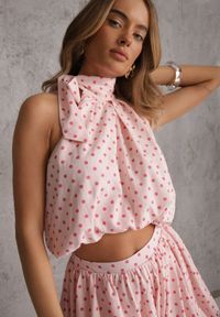 Renee - Różowy Bawełniano-Wiskozowy Komplet Balloon w Groszki Wiązany Top i Szorty Luxina. Kolor: różowy. Materiał: wiskoza, bawełna. Wzór: grochy #7