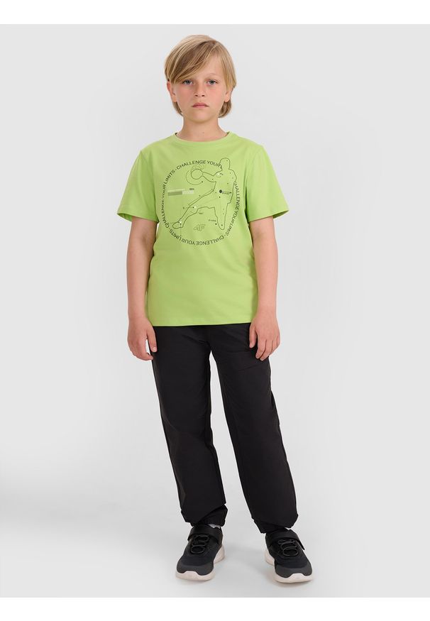 4f - 4F T-shirt regular z nadrukiem chłopięcy - zielony 152 (11-12 lat). Okazja: na co dzień. Kolor: zielony. Materiał: jersey, bawełna, materiał. Długość rękawa: krótki rękaw. Długość: krótkie. Wzór: nadruk. Sezon: lato. Styl: casual, klasyczny, sportowy