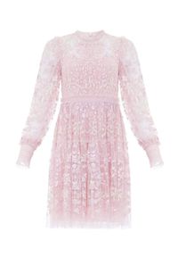 NEEDLE & THREAD - Różowa sukienka mini Emilana. Typ kołnierza: kokarda. Kolor: różowy, wielokolorowy, fioletowy. Długość rękawa: długi rękaw. Wzór: kwiaty. Długość: mini #5