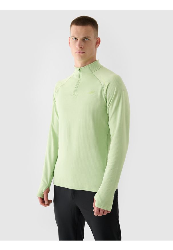 4f - 4F Bluza do biegania szybkoschnąca męska - zielona XL. Typ kołnierza: kołnierzyk stójkowy, bez kaptura. Kolor: zielony. Materiał: dzianina, materiał, syntetyk, włókno, elastan. Długość rękawa: raglanowy rękaw. Długość: krótkie. Wzór: jednolity. Styl: klasyczny, sportowy. Sport: bieganie, fitness