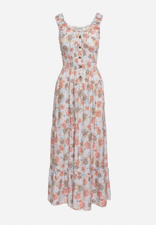 Born2be - Jasnoniebieska Rozkloszowana Sukienka Bawełniana w Kwiatowy Print z Guzikami Jamallia. Okazja: na co dzień. Kolor: niebieski. Materiał: bawełna. Wzór: nadruk, kwiaty. Typ sukienki: proste. Styl: klasyczny, casual