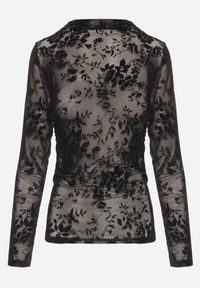 Born2be - Czarna Bluzka Siateczkowa z Welurowym Wzorem i Marszczeniem w Talii Seligala. Okazja: na spotkanie biznesowe. Kolor: czarny. Materiał: welur. Długość rękawa: długi rękaw. Długość: długie. Styl: biznesowy, elegancki, klasyczny #5