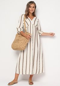 Born2be - Beżowa Taliowana Sukienka z Bawełny z Motywem Pasków Rivettes. Okazja: do pracy, na co dzień. Typ kołnierza: dekolt w kształcie V. Kolor: beżowy. Materiał: bawełna. Wzór: aplikacja. Typ sukienki: proste. Styl: klasyczny, casual, elegancki #5