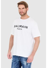 Balmain - BALMAIN Biały t-shirt męski z drukowanym czarnym logo. Kolor: biały #5
