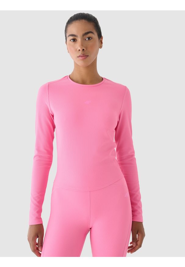 4f - 4F Longsleeve treningowy szybkoschnący damski - różowy XL. Kolor: różowy. Materiał: elastan, prążkowany, materiał, włókno, dzianina, syntetyk. Długość rękawa: długi rękaw. Długość: długie. Wzór: prążki, jednolity. Sport: fitness