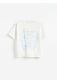 Reserved - Luźny t-shirt z nadrukiem - złamana biel. Materiał: bawełna. Wzór: nadruk