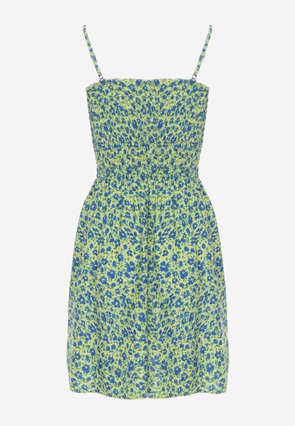 Renee - Jasnozielona Sukienka z Bawełny na Cienkich Ramiączkach z Gumką w Talii Tessinia. Okazja: na co dzień. Typ kołnierza: dekolt w łódkę. Kolor: zielony. Materiał: bawełna. Długość rękawa: na ramiączkach. Typ sukienki: proste. Styl: wakacyjny, casual, klasyczny, elegancki