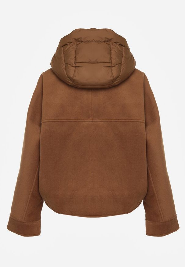 Renee - Brązowa Nietoperzowa Kurtka Przejściowa z Kapturem Amiree. Okazja: na co dzień. Typ kołnierza: kaptur. Kolor: brązowy. Materiał: dzianina. Długość: krótkie. Styl: casual