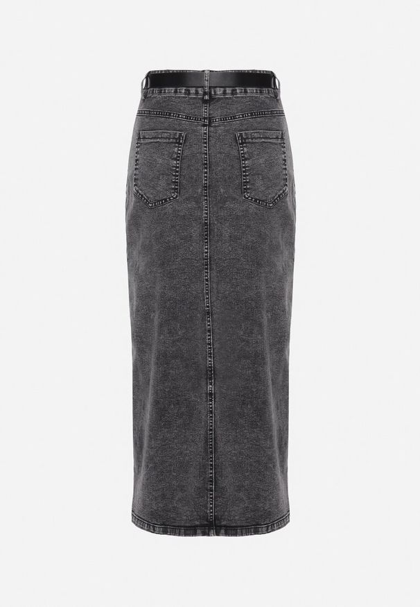 Born2be - Czarna Ołówkowa Spódnica z Bawełny Jeansowa Midi z Rozcięciem z Przodu i Paskiem z Klamrą Asherta. Kolor: czarny. Materiał: bawełna, jeans. Styl: elegancki