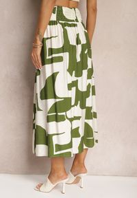 Renee - Zielono-Beżowa Rozkloszowana Spódnica High Waist z Gumką w Talii i Guzikami Tinasshi. Stan: podwyższony. Kolor: zielony. Materiał: tkanina. Sezon: lato #5