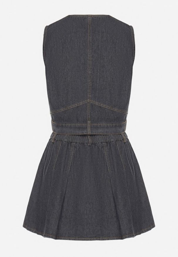 Born2be - Czarny Komplet Jeansowy z Wiskozy Kamizelka i Rozkloszowana Spódnica Mirbia. Kolor: czarny. Materiał: jeans, wiskoza