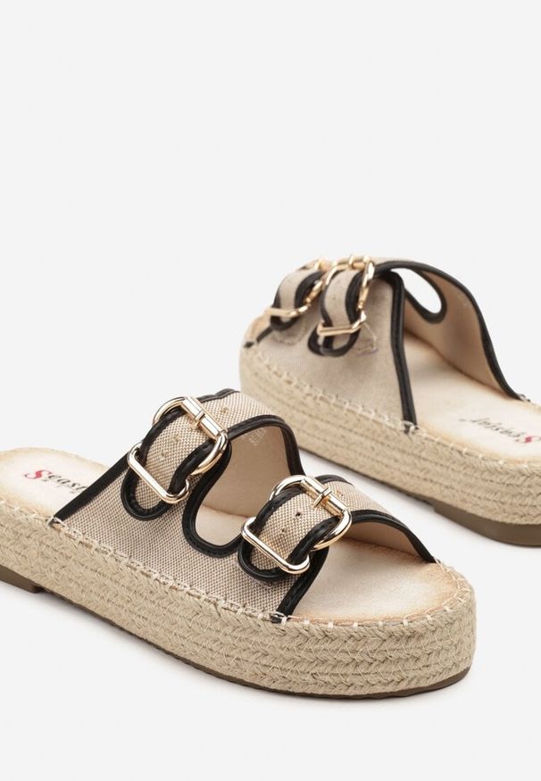 Born2be - Beżowo-Czarne Klapki na Podeszwie z Plecionki z Tweedowymi Paskami z Klamrami Zilaya. Okazja: na co dzień. Kolor: beżowy. Wzór: paski. Styl: boho, casual