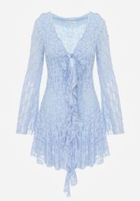 Born2be - Niebieska Koronkowa Sukienka z Falbankami i Wiązaniem przy Dekolcie Delanatea. Okazja: na co dzień. Typ kołnierza: kołnierz z falbankami. Kolor: niebieski. Materiał: koronka. Sezon: wiosna, lato. Styl: casual, elegancki #7